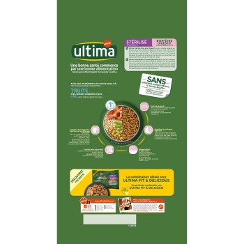 Emballage vert de nourriture pour animaux Ultima présentant un bol de croquettes avec de la truite, des pois et des céréales. Le texte met en avant des ingrédients de qualité et des bienfaits pour la santé.