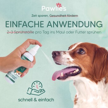 Pawlie's Haustiersprühflasche, die in einer Hand gehalten wird, mit Anweisungen auf Deutsch: "2-3 Sprühstöße pro Tag ins Maul oder Futter sprühen."