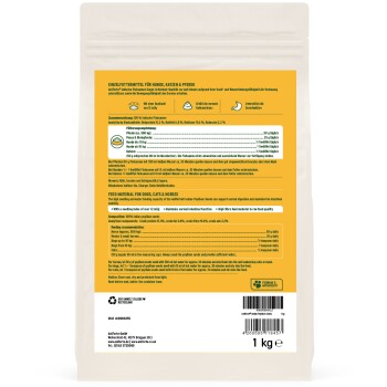 Verpackung für ein Haustierfutterergänzungsmittel, mit Nährwertinformationen und Anwendungshinweisen für Hunde, Katzen und Pferde.