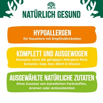 Text, der ein hypoallergenes Haustierfutter mit ausgewogenem Rezept, natürlichen Zutaten und ohne künstliche Zusatzstoffe bewirbt.