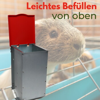 Rechteckiger Metall-Futterspender mit offenem rotem Deckel an Käfig montiert, Meerschweinchen im Hintergrund; Text 'Leichtes Befüllen von oben'.