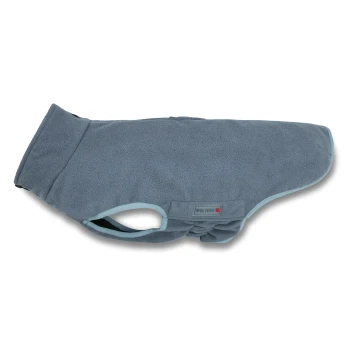 Graue Fleece-Hundejacke mit hellblauer Einfassung und "WOLTERS"-Etikett, entworfen für kleine bis mittelgroße Haustiere.