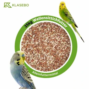 Wellensittichfutter 25kg, Vogelfutter, Sittichfutter, Kanarienvogel Ein 25-kg-Sack Wellensittichfutter mit Samen, flankiert von zwei bunten Wellensittichen, in einem grünen Kreis. Text: "Wellensittichfutter."