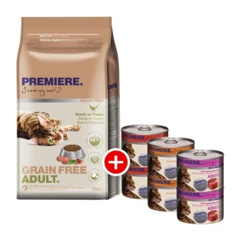 Verpackung für getreidefreies Katzenfutter (2kg) mit einer verspielten Katze, 42% Protein, plus vier Dosen mit der Aufschrift "100% Fleisch für erwachsene Katzen."