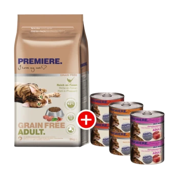 Verpackung für getreidefreies Katzenfutter (2kg) mit einer verspielten Katze, 42% Protein, plus vier Dosen mit der Aufschrift "100% Fleisch für erwachsene Katzen."