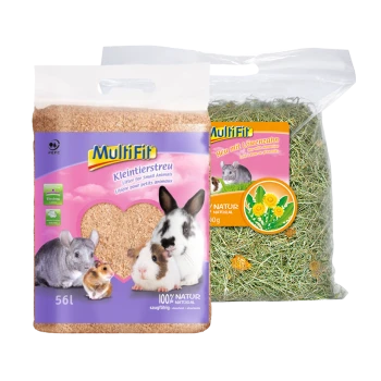 Multifit Kleintierstreu (56L) und Löwenzahnheu (500g) mit Bildern eines Kaninchens und eines Meerschweinchens auf der Verpackung.