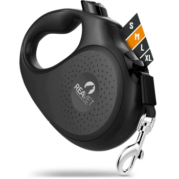 Schwarze, einziehbare Hundeleine mit einem strukturierten Griff, mit Größenoptionen S, M, L, XL an der Seite und einem Metallclip zur Befestigung.