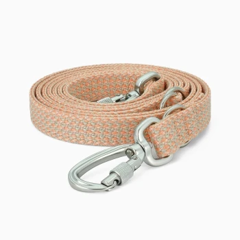 Eine aufgerollte Haustierleine aus weichem rosa und beigem gewebtem Stoff, mit einem stabilen silbernen Metallclip zur Befestigung.
