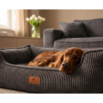 Brauner Hund schläft in grauem Cord-Haustierbett mit Lederanhänger 'KNUFFELWUFF' in einem Wohnzimmer.