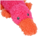Ein farbenfrohes Plüschtier in Form eines Schnabeltiers, mit einem pinken Körper und orangefarbenem Schnabel und Füßen, mit schwarzen Knopfaugen.