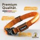 Hochwertiges Hundehalsband aus orangefarbenem Nylon, mit einer strapazierfähigen Schnalle, die für bis zu 400 kg ausgelegt ist, und einem anodisierten Edelstahl-D-Ring.