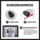 Reinigungshinweise (Deutsch) für schwarzes KONG-Spielzeug: 'REINIGUNGSHINWEISE' — 1 Einweichen, 2 Abbürsten (rote Bürste), 3 Geschirrspüler (obere Schiene).