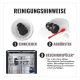 Reinigungshinweise (Deutsch) für schwarzes KONG-Spielzeug: 'REINIGUNGSHINWEISE' — 1 Einweichen, 2 Abbürsten (rote Bürste), 3 Geschirrspüler (obere Schiene).