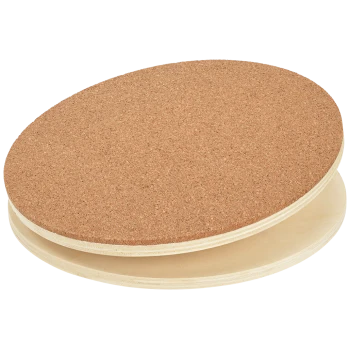 Korkkratzpad für Haustiere, mit einem runden Design und einer strukturierten Korkoberfläche sowie einer glatten Holzunterlage.