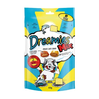Verpackung von Dreamies Mix Katzenleckerlis mit einer verspielten Katzengrafik, mit dem Text "Leckerlis, die Katzen lieben" und Nährwertangaben von 2 kcal pro Leckerli.