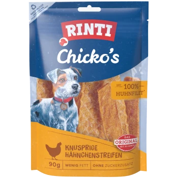 RINTI Chicko's Hundeleckerlies, Hähnchenstreifen in blau-orangenem Beutel mit Hundeillustration und der Aufschrift 'Mit 100% Huhnfilet'.