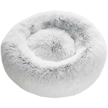 Hunde- und Katzenschlafplatz Loppa weiß 50 cm, 17 cm, 50 cm Fluffy runder Haustierbett aus weichem weißen Fell, mit einem erhöhten Rand und einem gemütlichen Zentrum, in dem Haustiere bequem ruhen können.