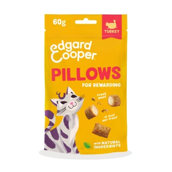 Yellow Edgard Cooper PILLOWS cat treat pouch (60g) with purple cat drawing, turkey icon, text: For rewarding Fresh meat