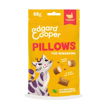 Yellow Edgard Cooper PILLOWS cat treat pouch (60g) with purple cat drawing, turkey icon, text: For rewarding Fresh meat