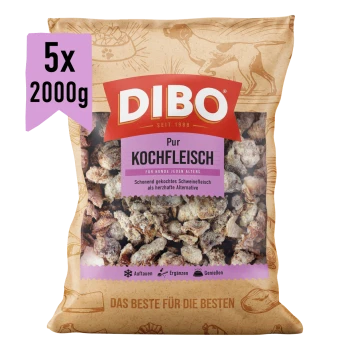 DIBO Kochfleisch Hundefutterpaket, mit gekochtem Fleisch, 2000 g, mit Text, der es als Ergänzungsfutter für Hunde hervorhebt.