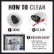 How to Clean: black rubber KONG toy - 1 Soak, 2 Clean (red brush), 3 Dishwasher* (Top shelf only; no heated drying cycle)