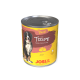 Dose JOSI DOG Paté mit Kutteln für ausgewachsene Hunde, gelbes Etikett mit Hundefoto und den Worten 'Paté', 'Tripe'.