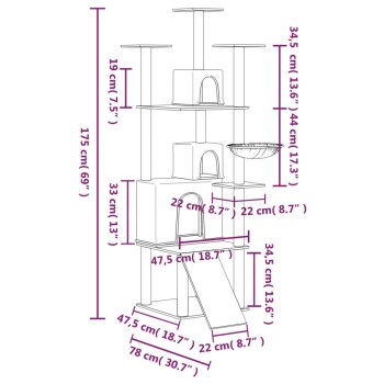 Katzenbaumdiagramm mit in Zentimetern und Zoll beschrifteten Abmessungen, das mehrere Ebenen, Verstecke und eine Schüssel zeigt.