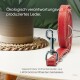 Eine rote Leder-Hundeleine, die auf einem Tisch mit einer Topfpflanze präsentiert wird, mit Text über die umweltfreundliche Lederproduktion.