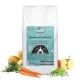 Hundefutterbeutel mit der Aufschrift "eat SMALL LIGHT", zeigt einen Hund und listet die Zutaten auf: Reis, Karotten, Spinat; 28% Protein, 8,5% Fett.
