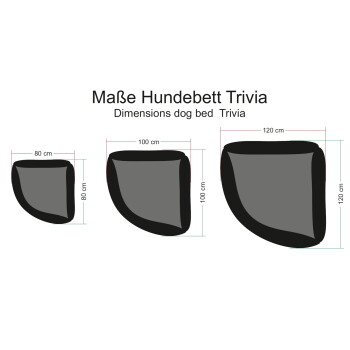 Abmessungen des Trivia Hundebetts in drei Größen: 80x80 cm, 100x100 cm und 120x120 cm, gezeigt mit schwarzem und grauem Design.