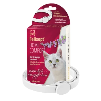 Felisepet Home Comfort Beruhigungshalsband für Katzen, mit einem weißen Halsband und Verpackung mit dem Gesicht einer Katze, Kräutern und Text auf Deutsch.