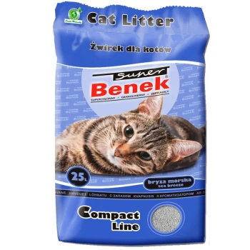 Niebieska torba żwirku dla kotów Super Benek z zbliżeniem na kota tabby, oznaczona "25L" i "Compact Line," o zapachu "morskiej bryzy."