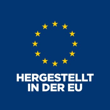Blauer Hintergrund mit einem Kreis aus gelben Sternen und dem Text "HERGESTELLT IN DER EU" in fetten weißen Buchstaben.