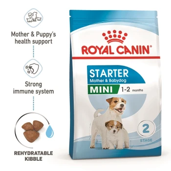 Royal Canin Starter Mini dog food for mothers and puppies, suitable for 1-2 months, featuring rehydratable kibble and health support.