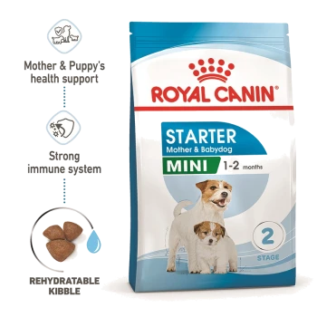 Royal Canin Starter Mini dog food for mothers and puppies, suitable for 1-2 months, featuring rehydratable kibble and health support.