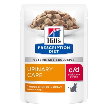 Hill's Prescription Diet c/d Urinary Care Katzenfutterbeutel mit zarten Stückchen in Soße mit Huhn, als veterinärmedizinisch exklusiv gekennzeichnet.