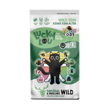 Tüte Luck Lou Katzenfutter für Seniorenkatzen, Geflügel & frisches Wild, getreidefrei, ohne Zuckerzusatz, 97 % tierisches Protein.
