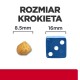 Obraz porównujący rozmiar granulek karmy dla zwierząt, pokazujący jedną granulkę o średnicy 8,5 mm obok niebieskiej kostki o średnicy 16 mm, z napisem "ROZMIAR KROKIETA."