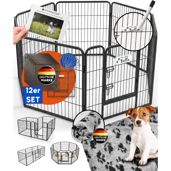 Metall-Tierlaufstall mit Tor, gezeigt in achteckiger und quadratischer Form, mit Welpen und Kätzchen darin.