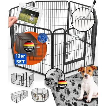 Metall-Tierlaufstall mit Tor, gezeigt in achteckiger und quadratischer Form, mit Welpen und Kätzchen darin.