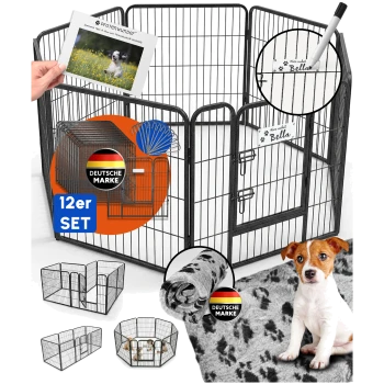 Metall-Tierlaufstall mit Tor, gezeigt in achteckiger und quadratischer Form, mit Welpen und Kätzchen darin.