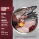 Frisches Huhn, Truthahn, Lachs und Innereien in einer Metallschüssel, mit Text über das "Ganzebute-Prinzip."