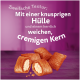 Knusprige Tierleckerlis mit cremiger Füllung auf violettem Hintergrund; deutscher Text: „Zweifache Textur: knusprige Hülle, cremiger Kern“