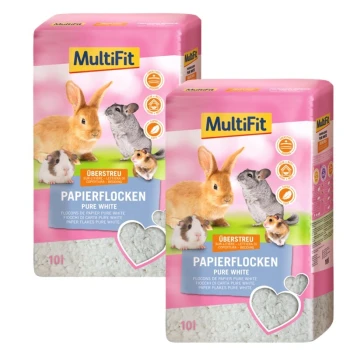 Zwei Säcke MultiFit Papierstreu für Kleintiere, beschriftet "Papierflocken Pure White", mit einem Kaninchen, Meerschweinchen und Chinchilla auf der Verpackung.
