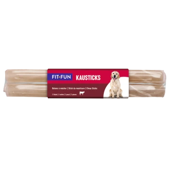 Kauknochen für Hunde mit der Aufschrift "FIT+FUN KAUSTICKS", mit einem Golden Retriever auf der Verpackung, mit Text in mehreren Sprachen.