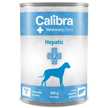 Calibra Veterinary Diets Dosenfutter für Hunde, 400g, mit der Aufschrift "Hepatic," mit einem blauen Design und einer Hundesilhouette sowie medizinischen Symbolen.