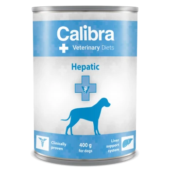 Calibra Veterinary Diets Dosenfutter für Hunde, 400g, mit der Aufschrift "Hepatic," mit einem blauen Design und einer Hundesilhouette sowie medizinischen Symbolen.