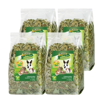Vier Beutel von Mulitfit Nature Snacks, getreidefreie Löwenzahn-Leckerlis für kleine Haustiere, mit einem Kaninchen und Meerschweinchen auf dem Etikett.