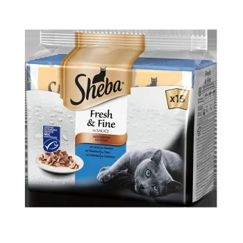 Fresh&Fine 15x50g Fisch Sheba Fresh & Fine Katzenfutter in Sauce, mit einer grauen Katze und einer Schüssel mit Thunfischstücken, verpackt in einer 15-Portionen-Box.