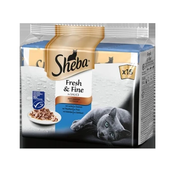 Sheba Fresh & Fine Katzenfutter in Sauce, mit einer grauen Katze und einer Schüssel mit Thunfischstücken, verpackt in einer 15-Portionen-Box.